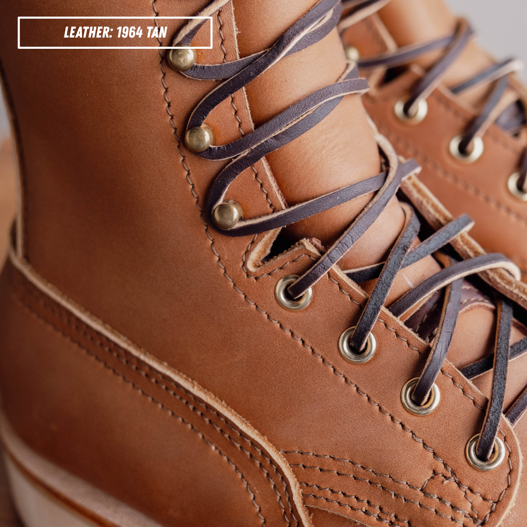 HD moc toe work boots, detail shot of relief cut. Label on top left of picture that reads "LEATHER: 1964 TAN."
