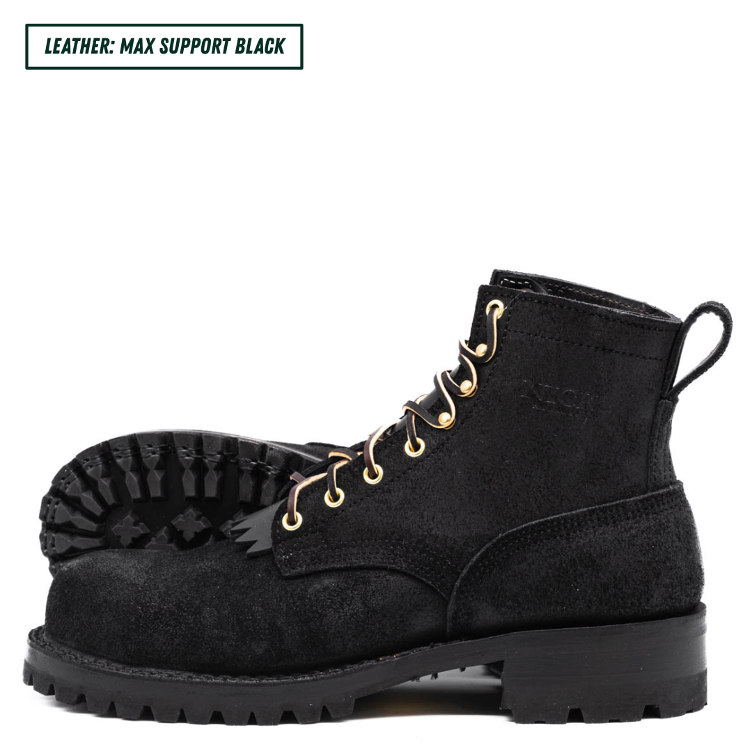 All black leather boots with lug soles. One sitting up side profile while the other is laying down showing the outsole. Top left reads "LEATHER: MAX SUPPORT BLACK."
