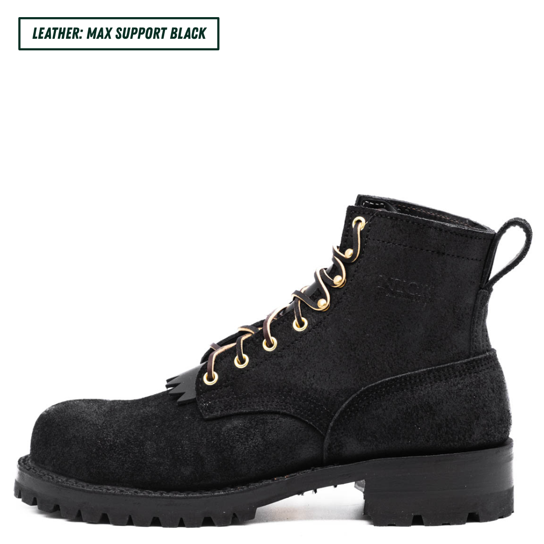All black leather boot with lug sole. Single boot sitting up side profile. Top left reads "LEATHER: MAX SUPPORT BLACK."