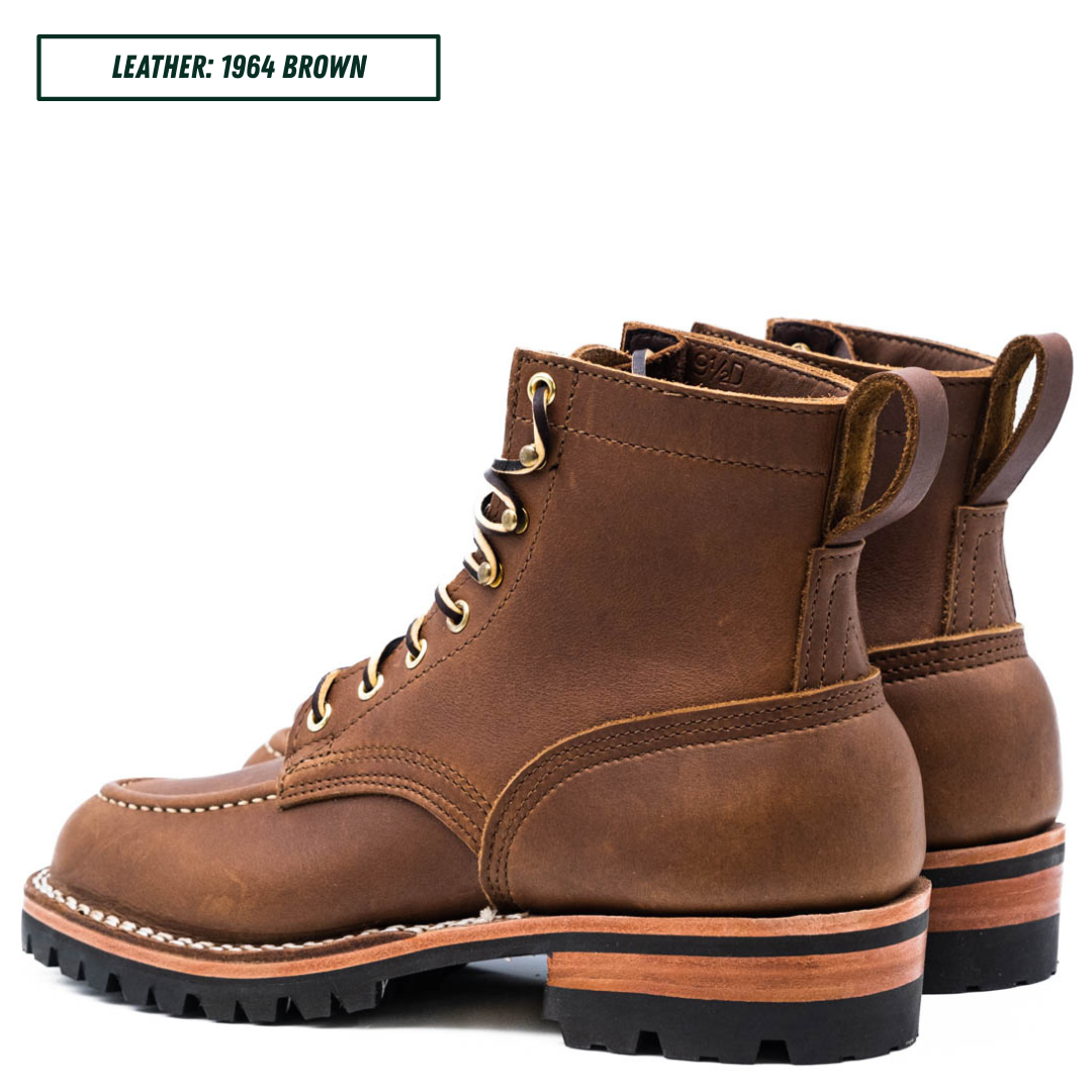 A pair of brown leather lace-up boots shown from the side and back on a white background, with a text label in the top-left corner reading 'LEATHER: 1964 BROWN'.