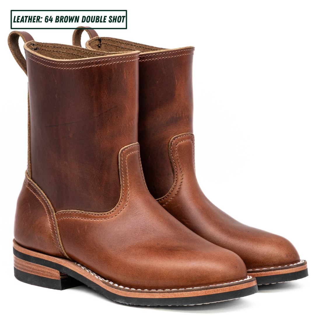 A pair of mid-calf brown leather boots with a distressed finish, shown from a three-quarter angle on a white background. A text label in the top-left corner reads 'LEATHER: 64 BROWN DOUBLE SHOT'.