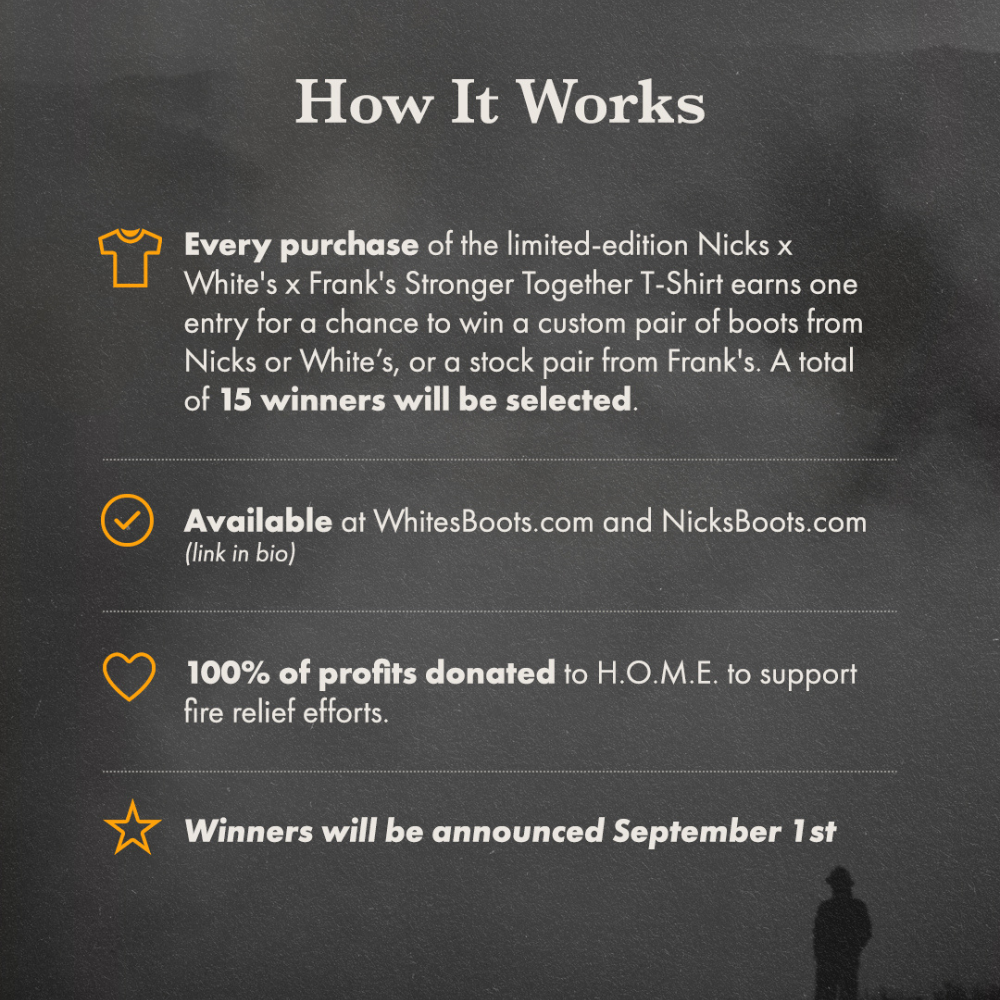 A promotional informational graphic on a dark textured background titled 'How It Works' with white text and small yellow icons explaining purchase, availability, profit donation, and winner announcement for a limited-edition Nicks x White's x Frank's Stronger Together T-Shirt.