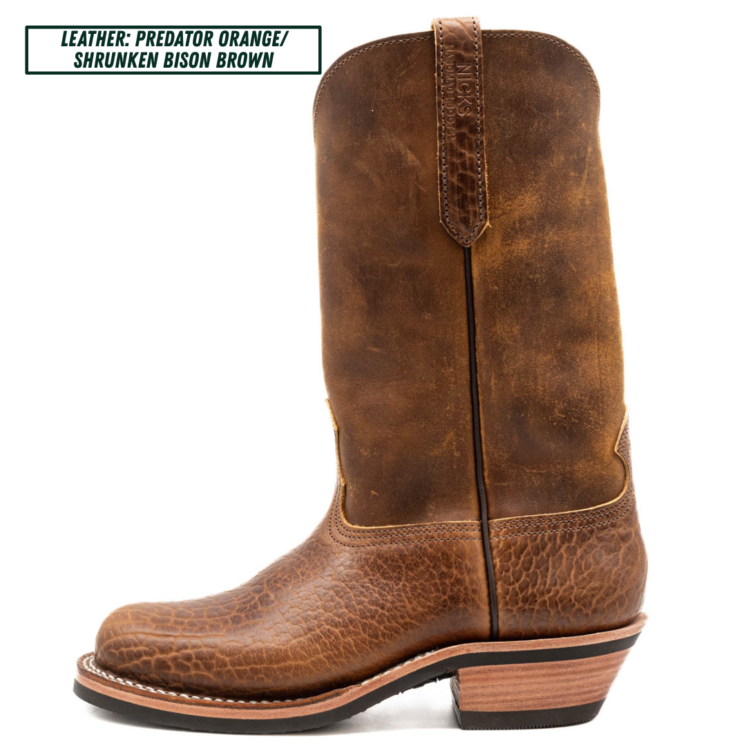 Cowboy style Palouse western boot sitting in front of white background. Top left text reads 'LEATHER: PREDATOR ORANGE/ SHRUNKEN BISON BROWN'.