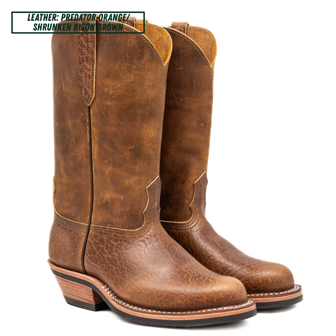 Cowboy style Palouse western boot sitting in front of white background. Top left text reads 'LEATHER: PREDATOR ORANGE/ SHRUNKEN BISON BROWN'.