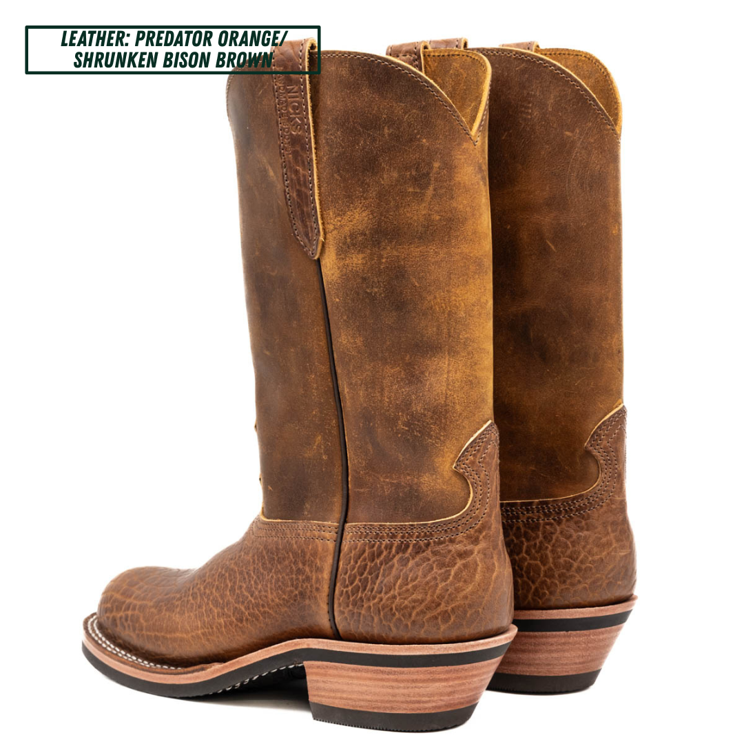 Cowboy style Palouse western boot sitting in front of white background. Top left text reads 'LEATHER: PREDATOR ORANGE/ SHRUNKEN BISON BROWN'.