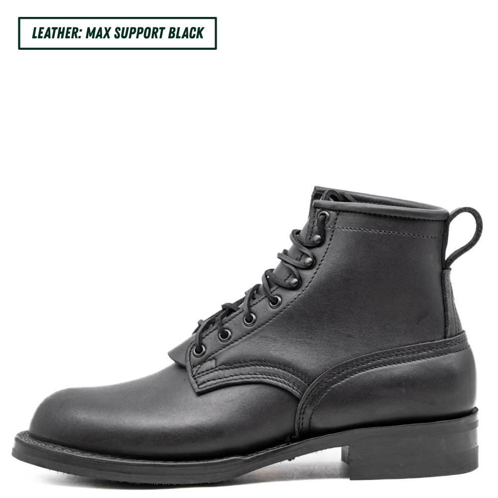 A black leather lace-up ankle boot shown in side profile on a white background, with a small text label in the top-left corner reading 'LEATHER: MAX SUPPORT BLACK'.