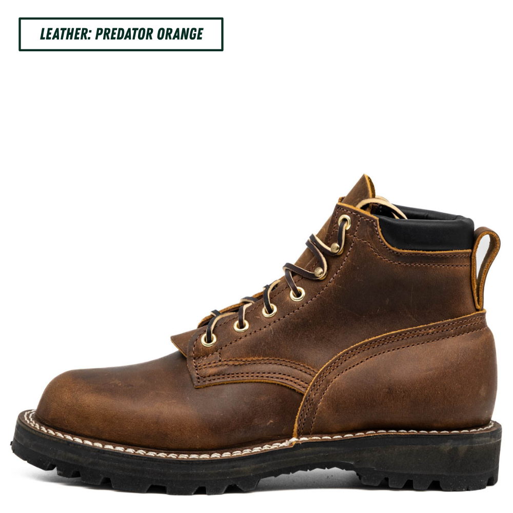 A single brown leather lace-up boot shown in side profile on a white background, with a text label in the top-left corner reading 'LEATHER: PREDATOR ORANGE'.
