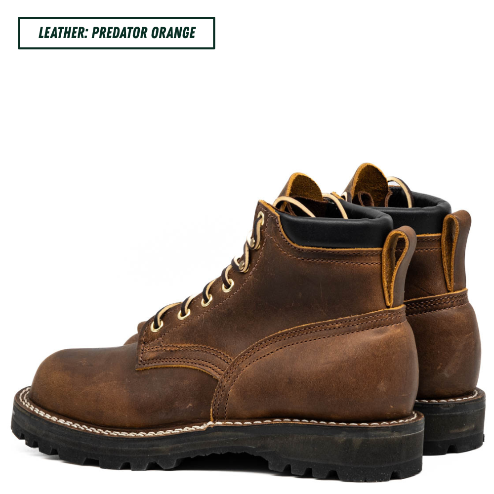 A pair of rugged brown leather lace-up boots with black soles and black collar lining, shown on a white background with a text label in the top-left corner that reads 'LEATHER: PREDATOR ORANGE'.
