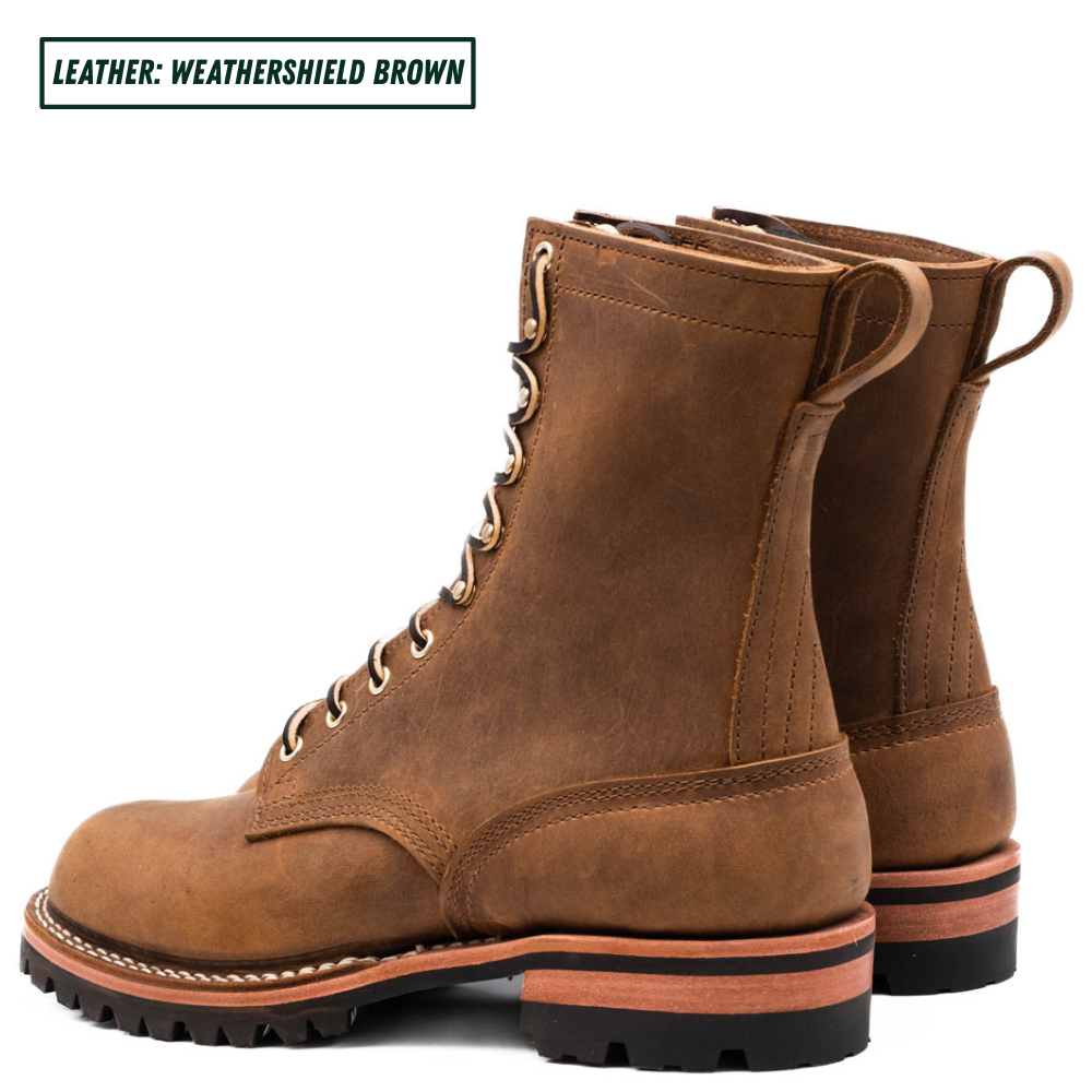 A pair of mid-calf lace-up boots in a distressed brown leather, shown from a three-quarters angle against a white background. A text label in the top-left corner reads 'LEATHER: WEATHERSHIELD BROWN'.