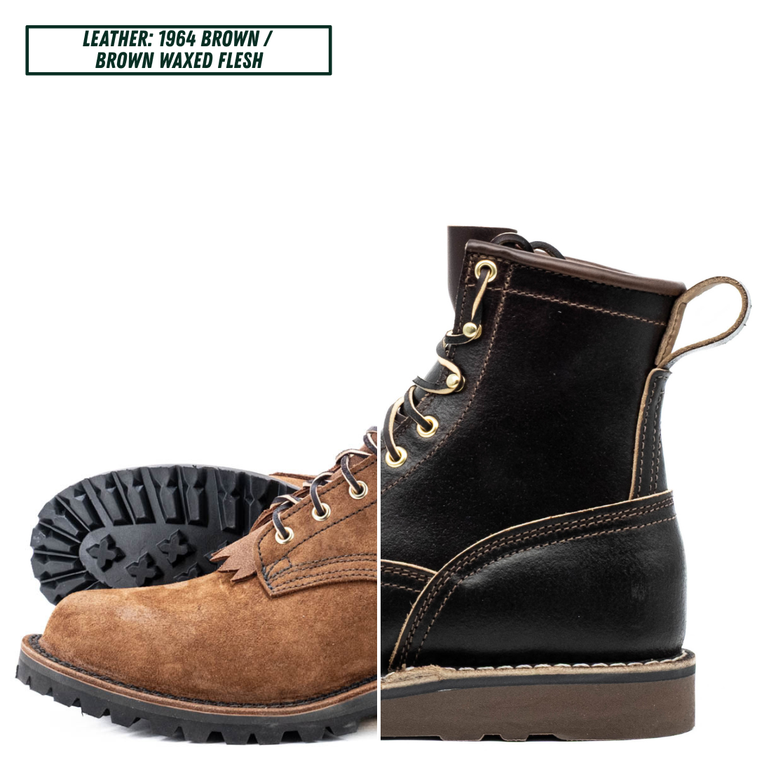 A single lace-up boot shown on a white background with a split view: the left half shows the black outsole with black sole stitching and roughout brown leather. The right half shows a dark brown waxed flesh leather upper. Text at the top reads 'LEATHER: 1964 BROWN / BROWN WAXED FLESH'.