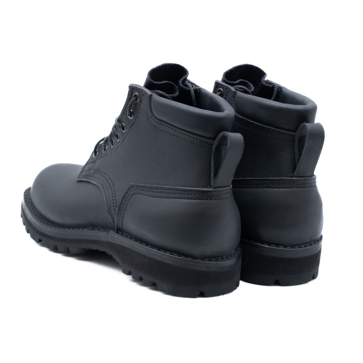 5 inch black boot with padded color. Vibram Sierra aggressive sole. Pull loop on back.