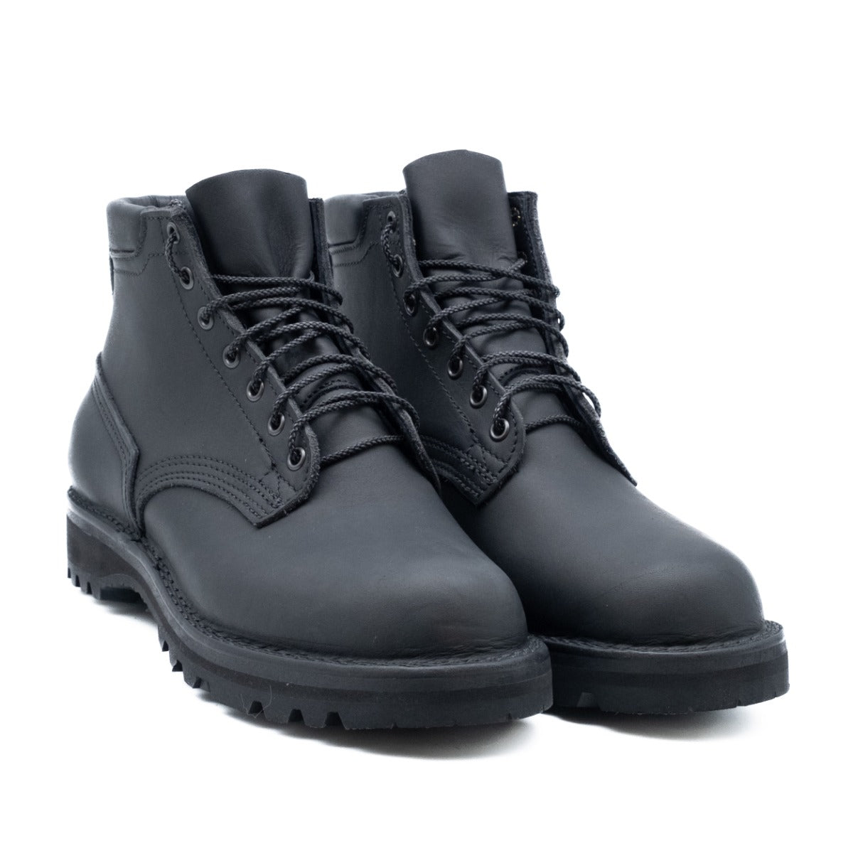 5 inch black boot with padded color. Vibram Sierra aggressive sole. Pull loop on back.
