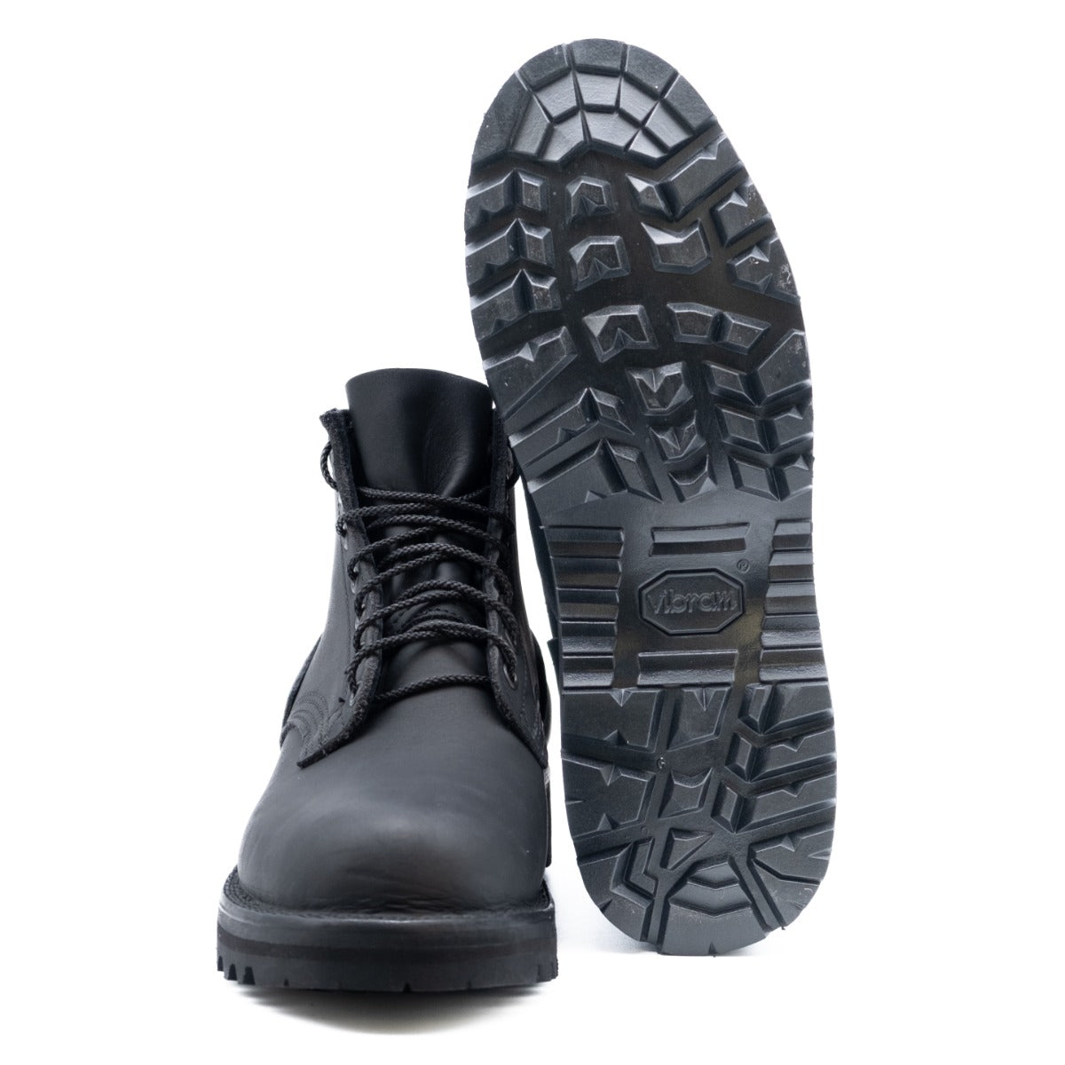 5 inch black boot with padded color. Vibram Sierra aggressive sole. Pull loop on back.