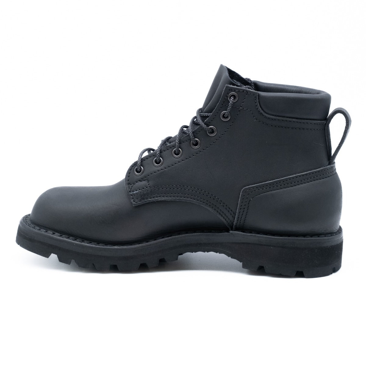 5 inch black boot with padded color. Vibram Sierra aggressive sole. Pull loop on back.