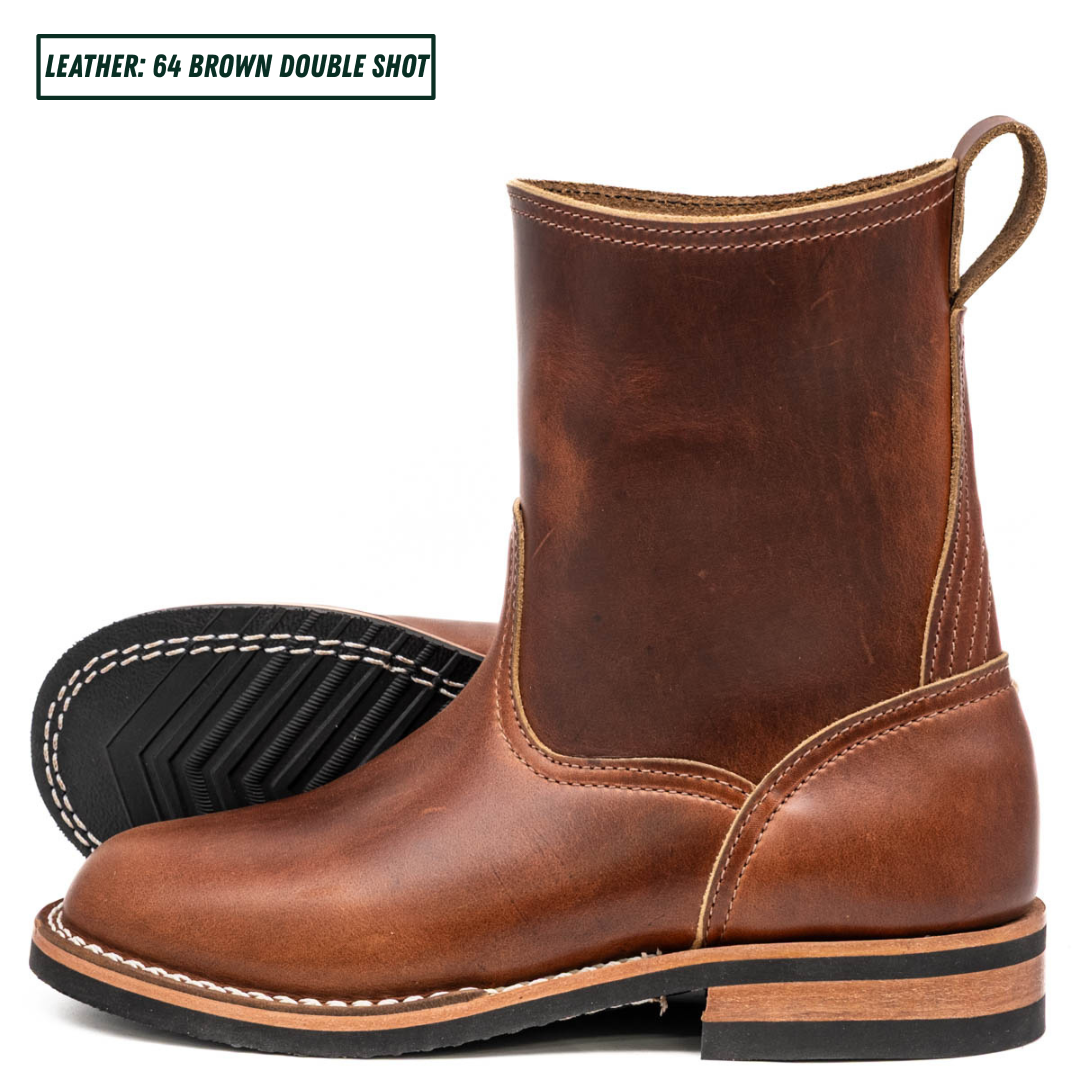A brown leather ankle boot shown in side profile on a white background, with a second boot turned to show the treaded outsole behind it. Text in the top left reads 'LEATHER: 64 BROWN DOUBLE SHOT'.