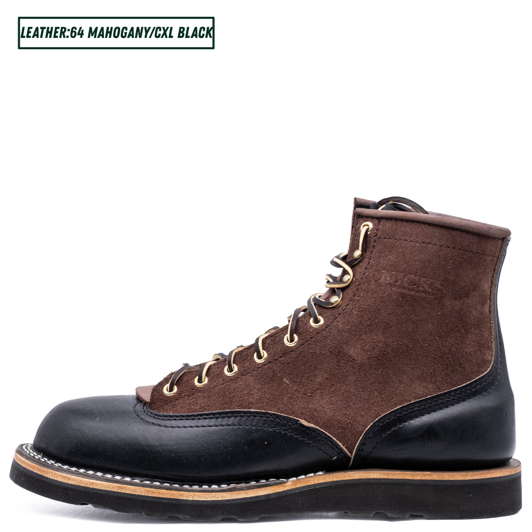 Two tone boots with dark brown roughout uppers and glossy black lowers on a white background. Single boot sitting upright. Top left reads 'LEATHER:64 MAHOGANY/CXL BLACK'