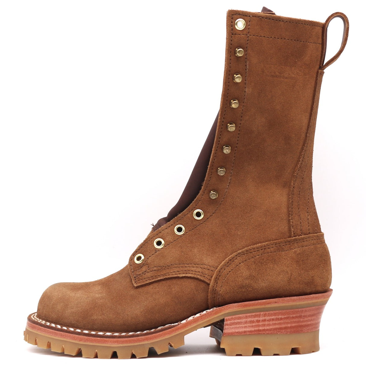 Brown work boot with a white background
