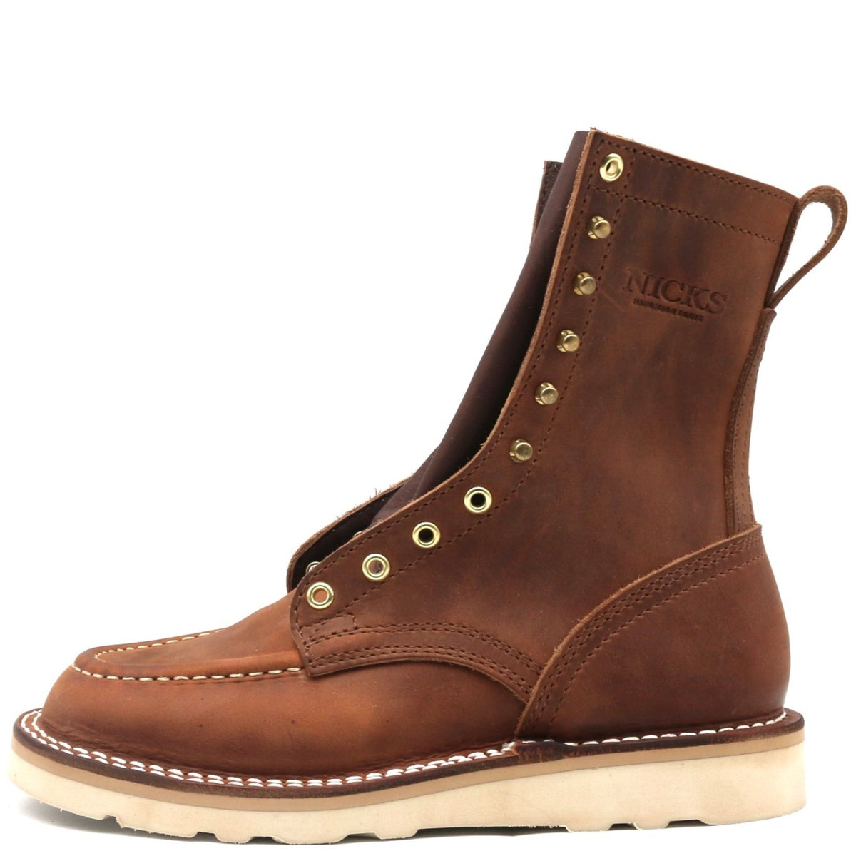 Brown leather boot on a white
background