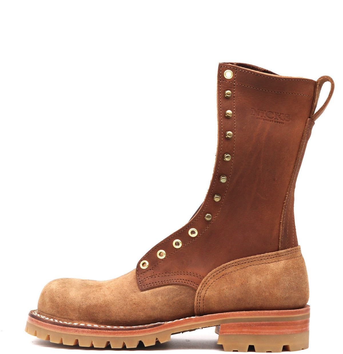 Brown leather boot with visible brand name on a white background. Honey vibram lug sole with a natral edge and safety toe
