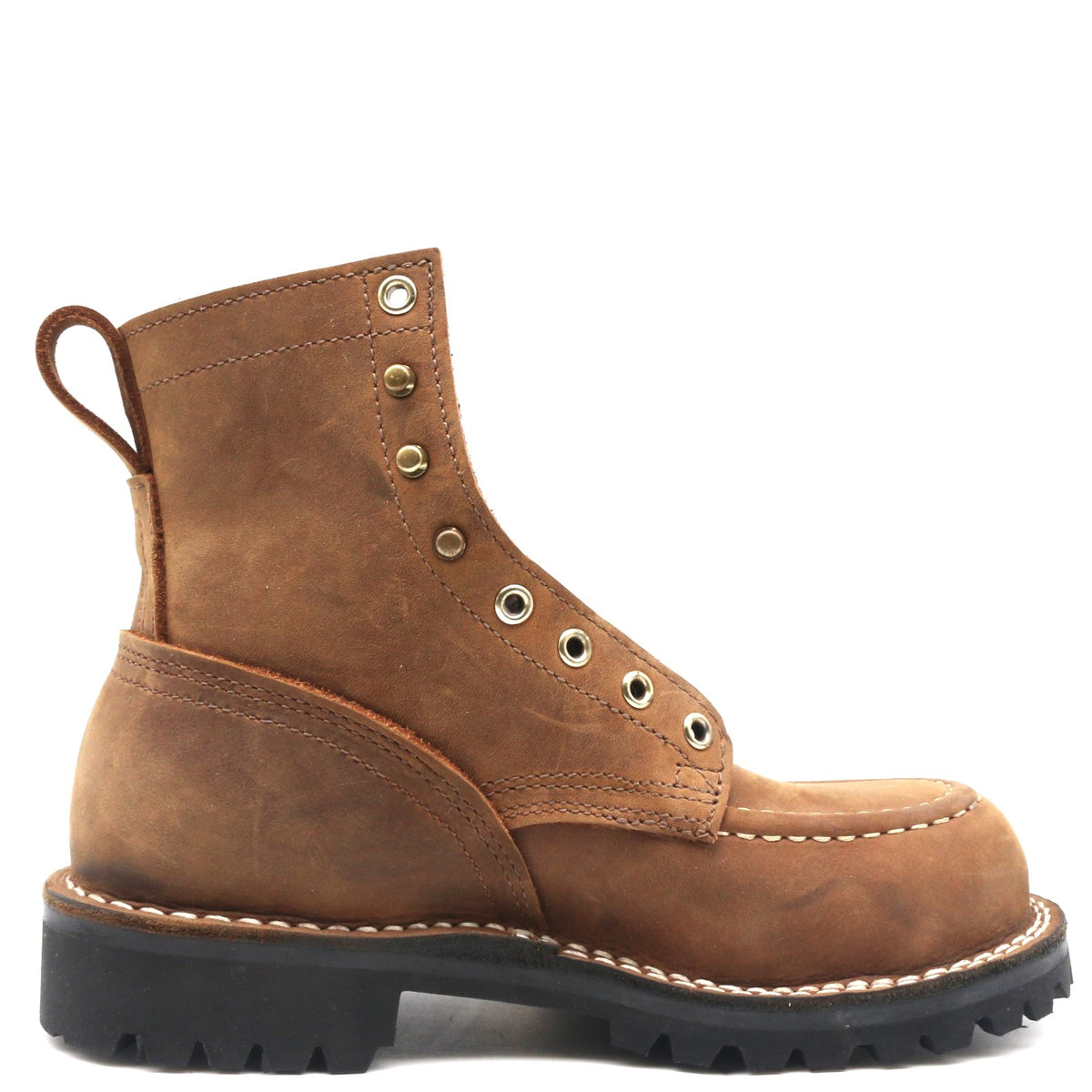 Brown leather boot with black sole on a white background