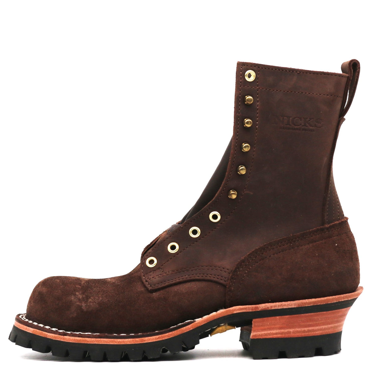 A dark brown suede lace-up work boot with brass eyelets and a black lug sole, shown from a side profile on a white background.