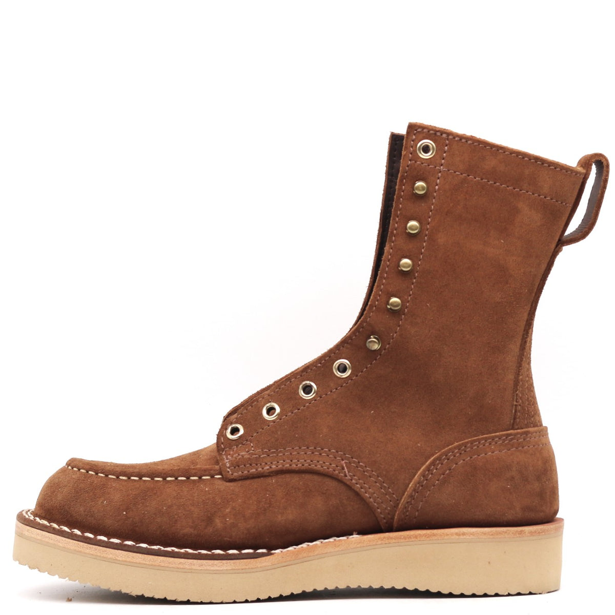 A brown suede lace-up ankle boot with metal eyelets, decorative studs, and a thick beige sole, shown from a side profile on a white background.