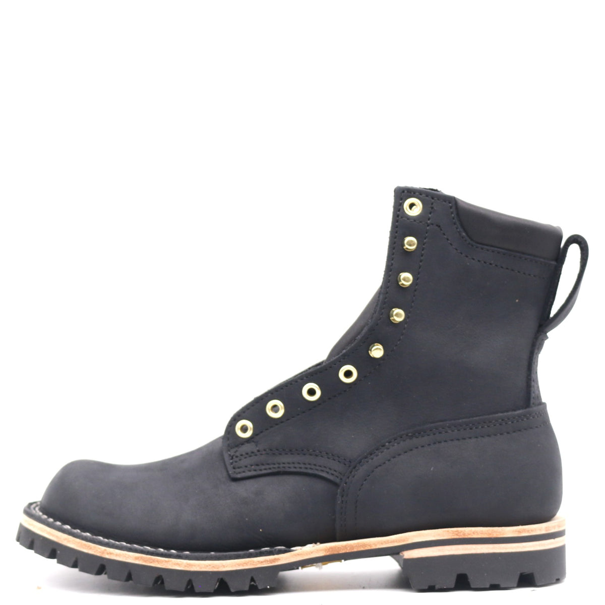 Maxwell black leather lace-up work boot with brass eyelets and heavy lug sole