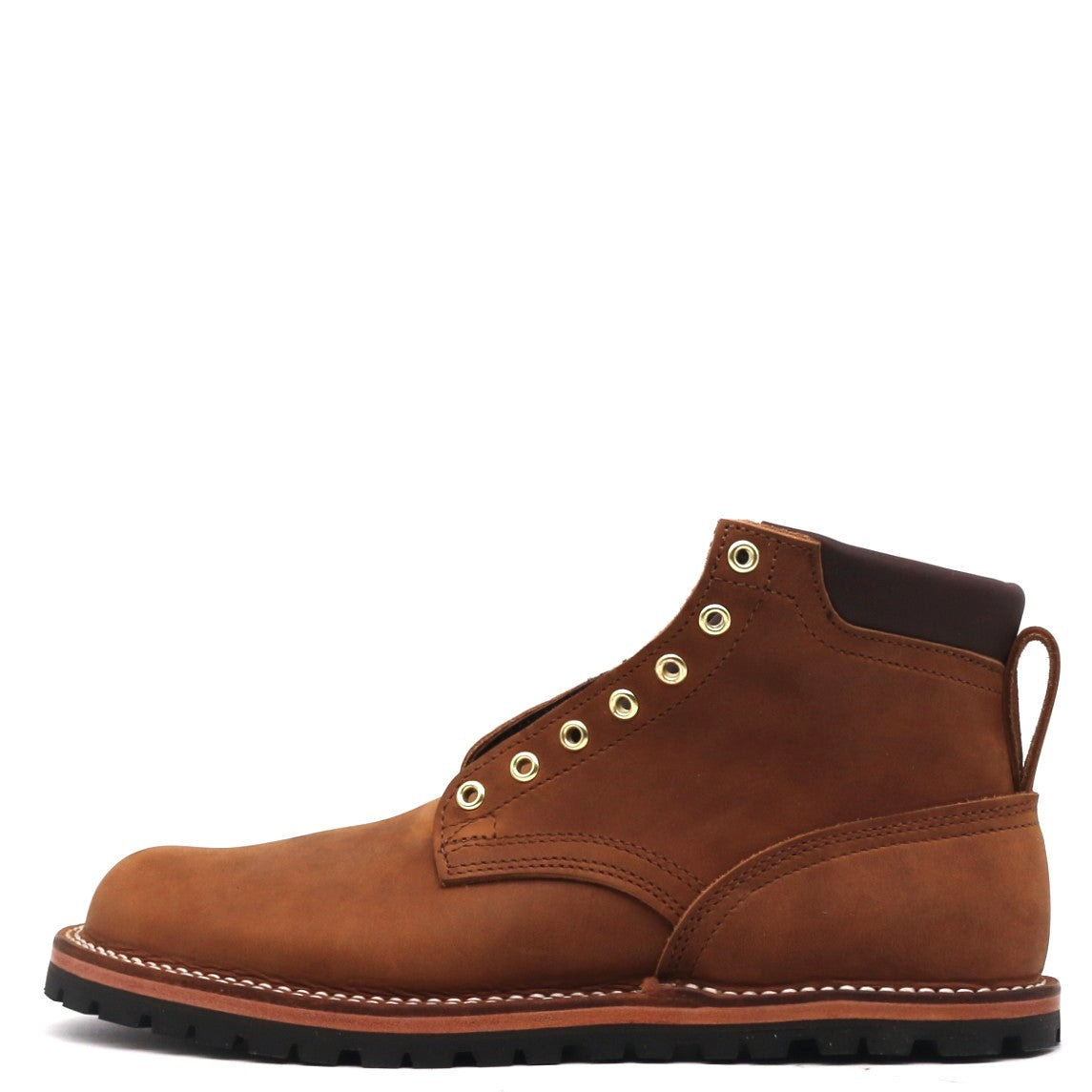 A brown suede lace-up ankle boot with gold-tone eyelets, a dark brown collar, and a black sole, shown from a side profile on a white background.