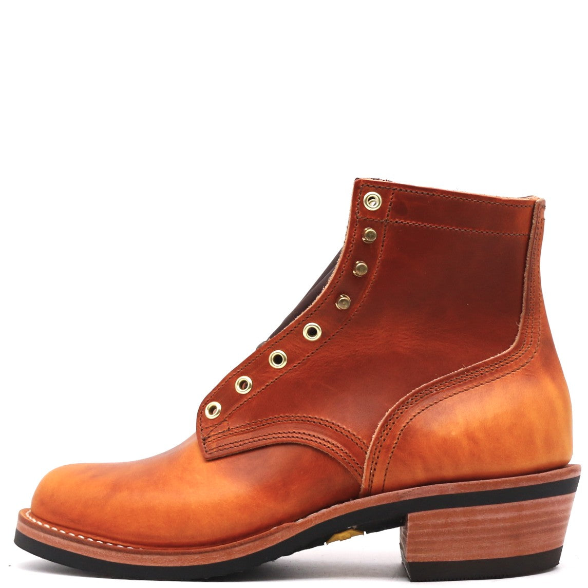 A single brown leather ankle boot with a low stacked heel, decorative metal eyelets, and a black sole, shown from a side profile on a white background.
