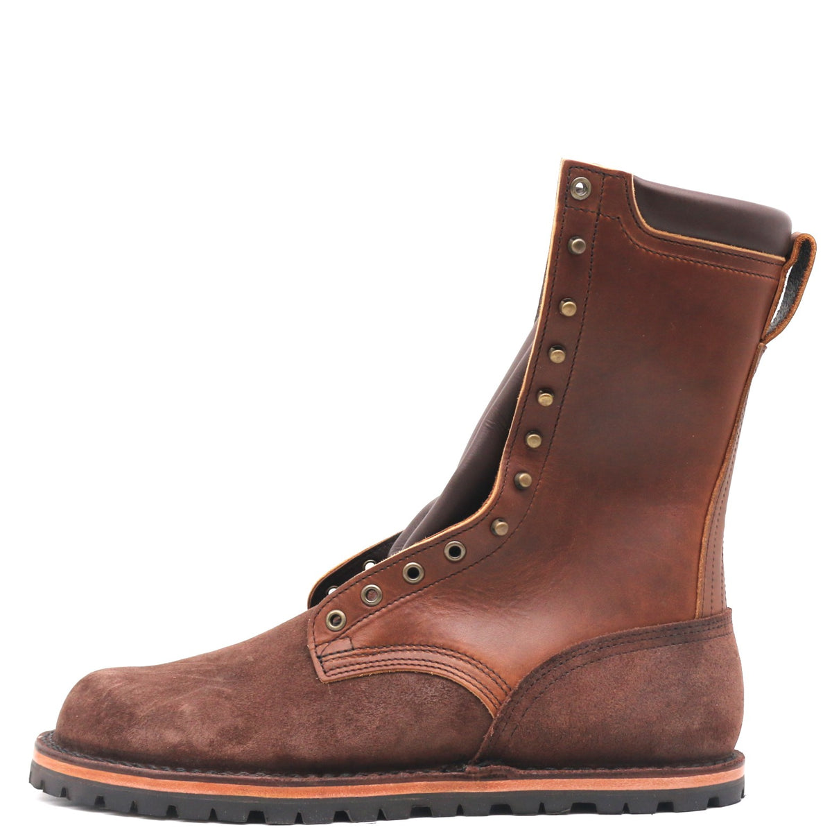 A brown leather lace-up work boot with metal eyelets and a rugged black sole, shown from a side profile on a white background.