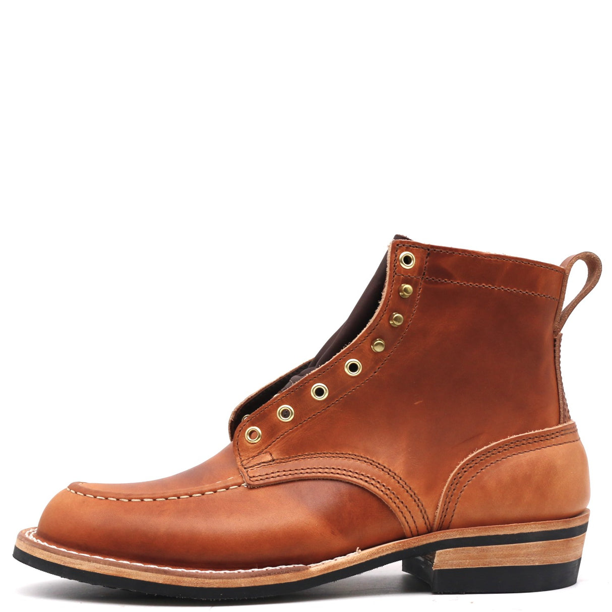 A single brown leather ankle boot with brass eyelets, a pull tab, and a stacked black and wood heel, shown from a side profile on a white background.