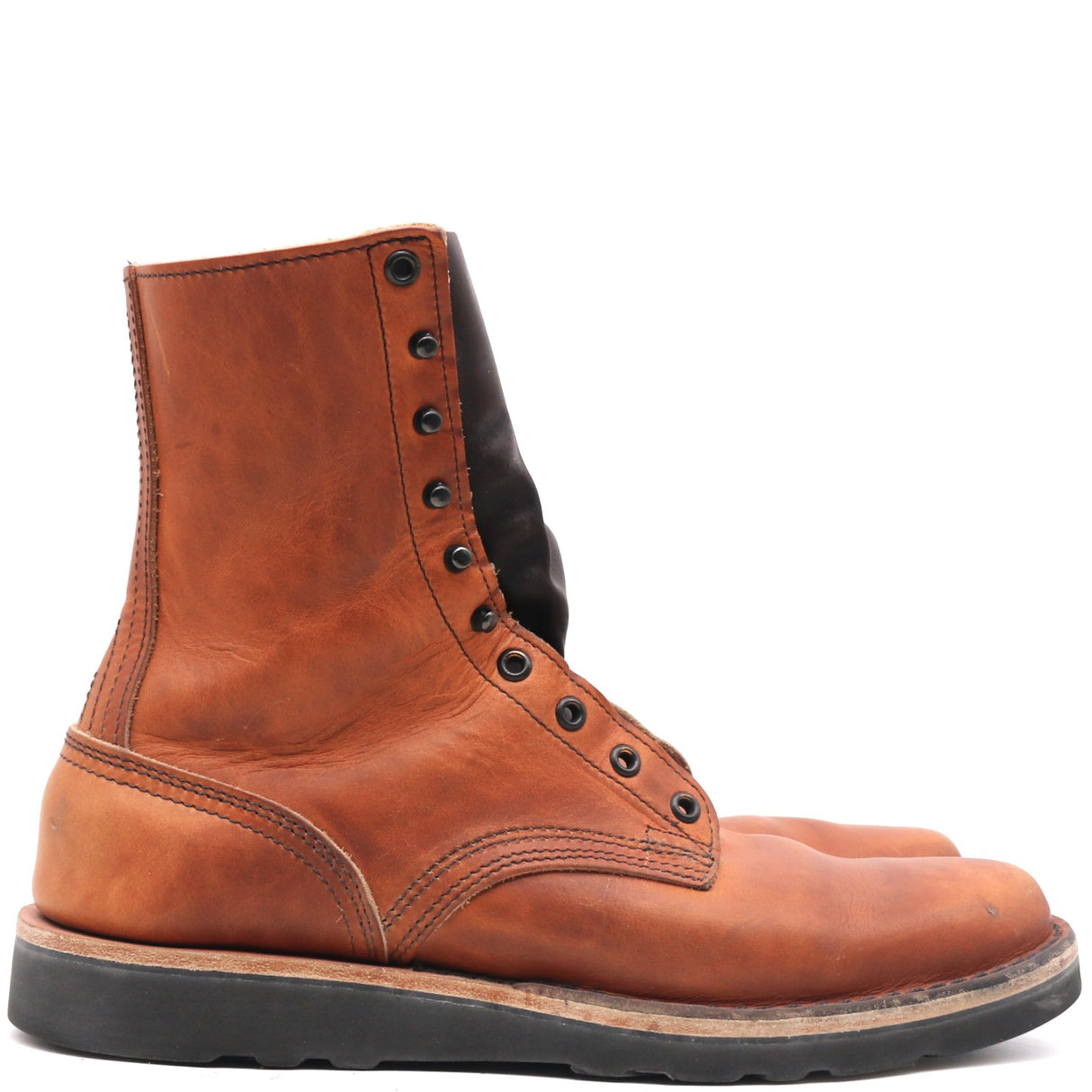 A single brown leather lace-up boot shown in a side profile view against a plain white background.
