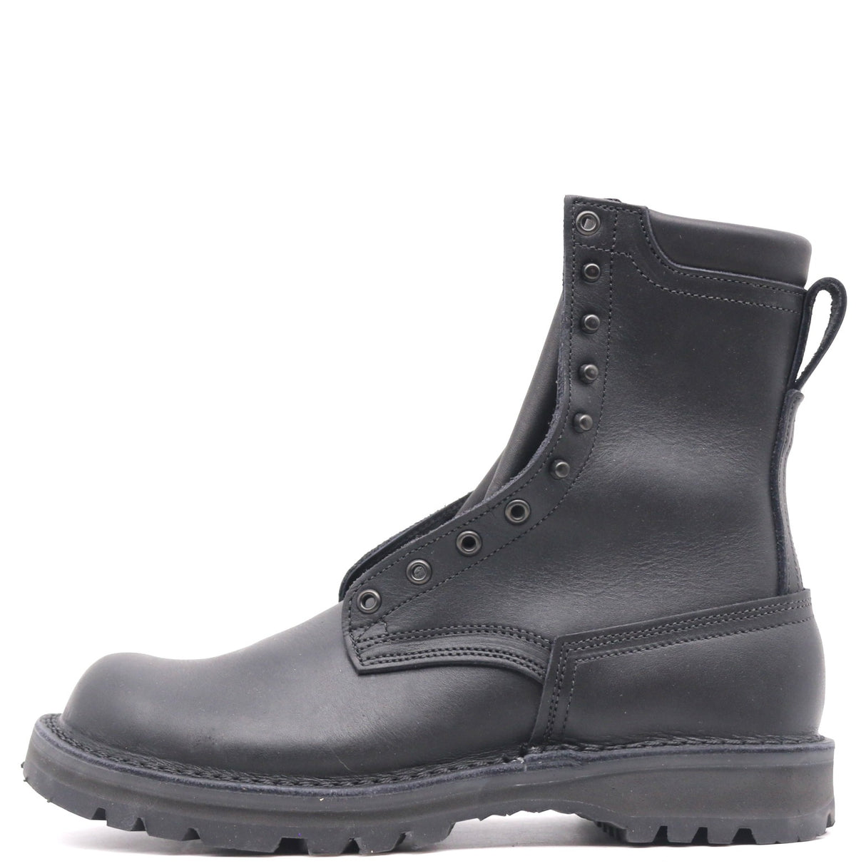 A single black leather ankle boot with a rugged sole, side pull tab, and decorative metal eyelets, shown from a side profile on a white background.