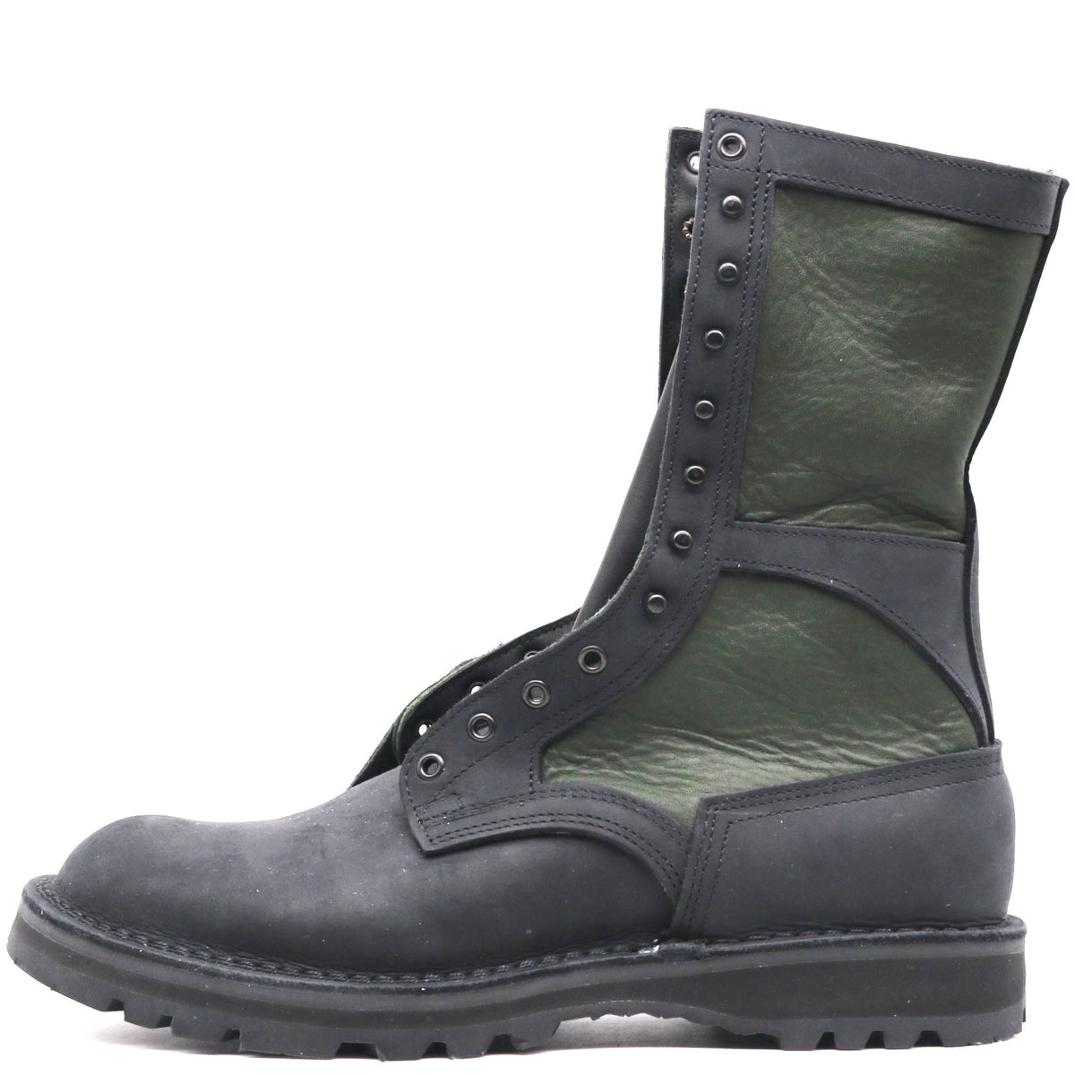 A single mid-calf lace-up boot in black leather with dark olive green leather side panels, shown from a side profile on a white background.