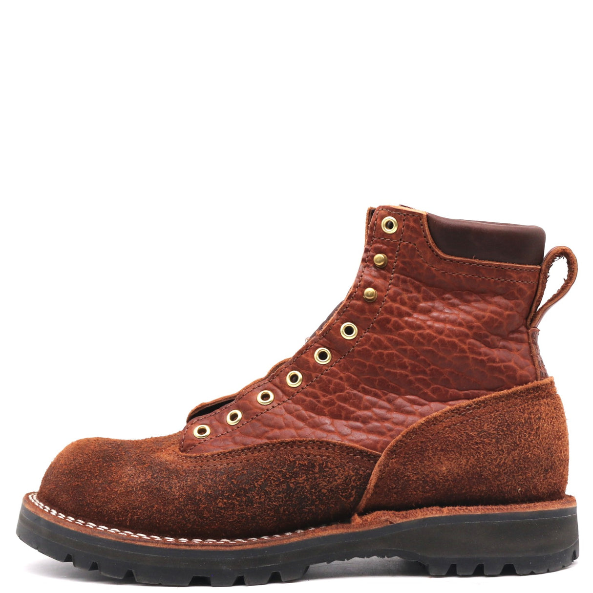A single brown leather lace-up work boot with distressed detailing, brass eyelets, and a black rubber sole, shown from a side profile on a white background.