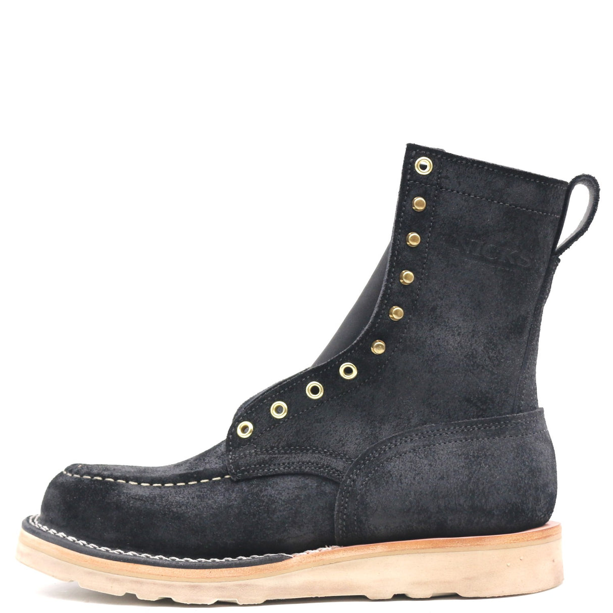 A single black suede ankle boot with gold-tone metal eyelets and studs, a pull tab, and a light tan sole, shown from a side profile on a white background.