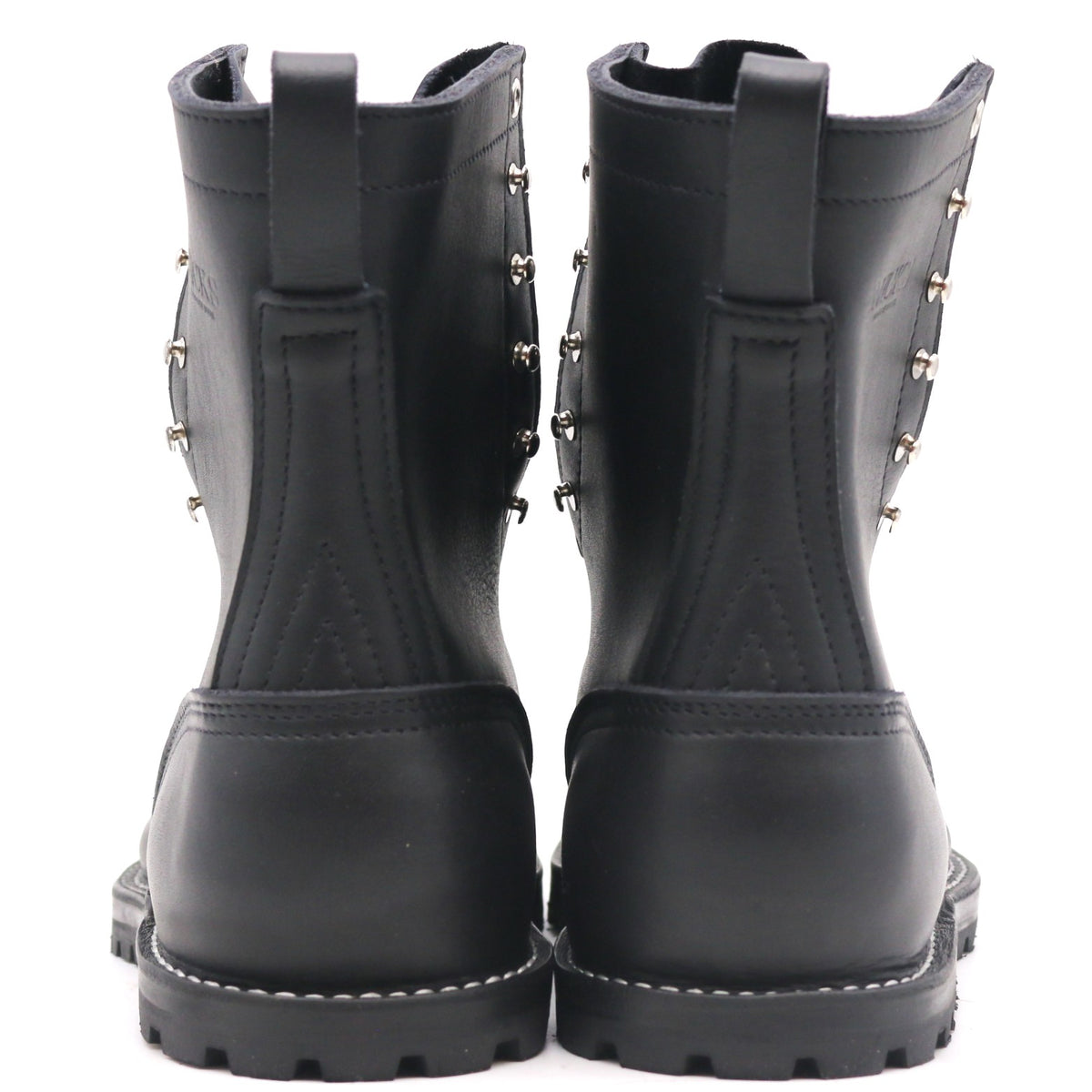 A pair of black leather ankle boots shown from the back, featuring silver metal studs along the sides and pull tabs at the top, set against a plain white background.