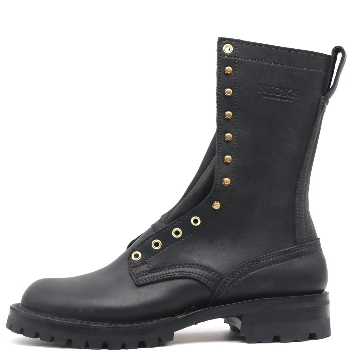 Tall black fire boot with Red-X lug outsole burn resistant sole stitching, and brass hardware in front of a white background.