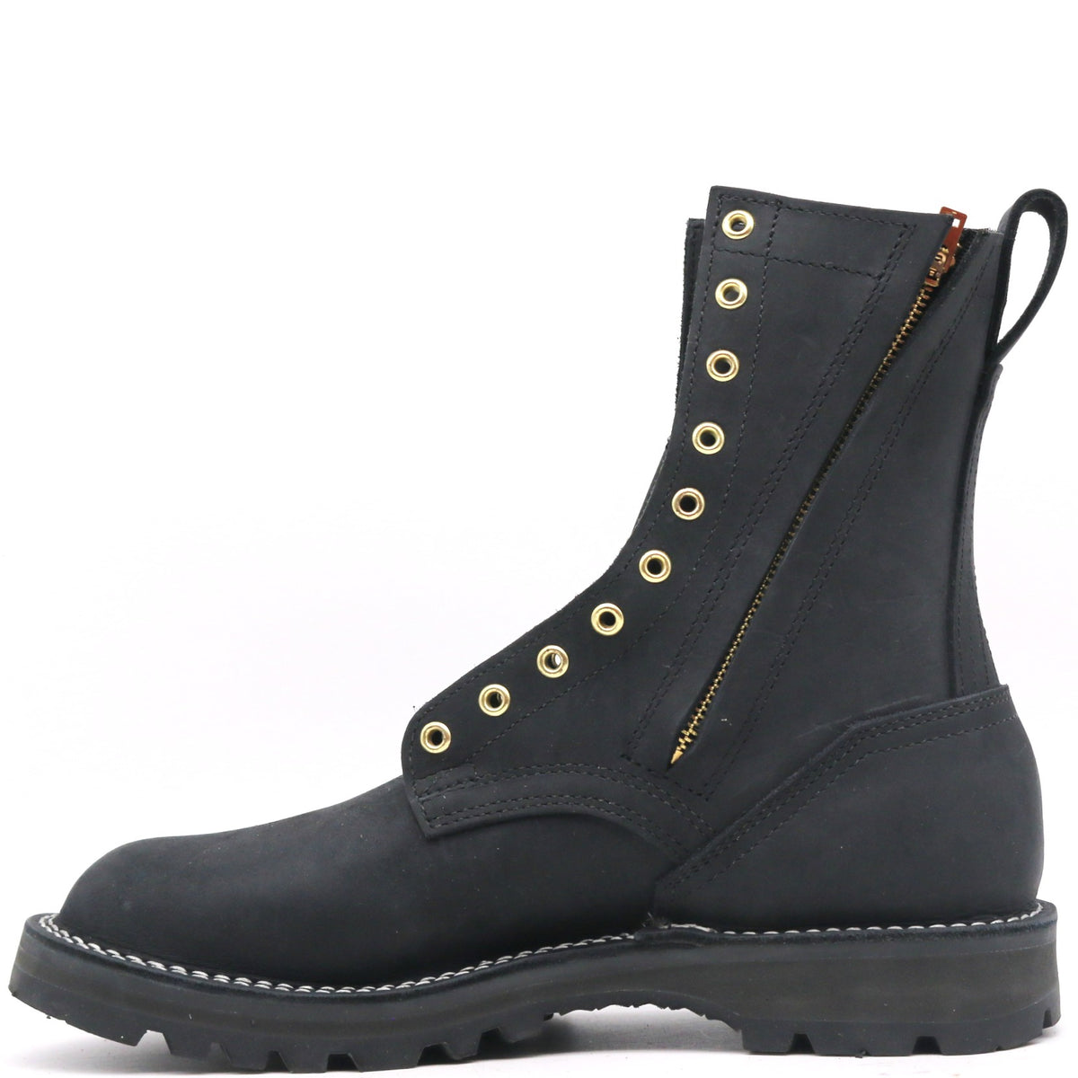 A black leather lace-up ankle boot with a side zipper, gold-tone eyelets, and a pull tab, shown from a side profile on a white background.