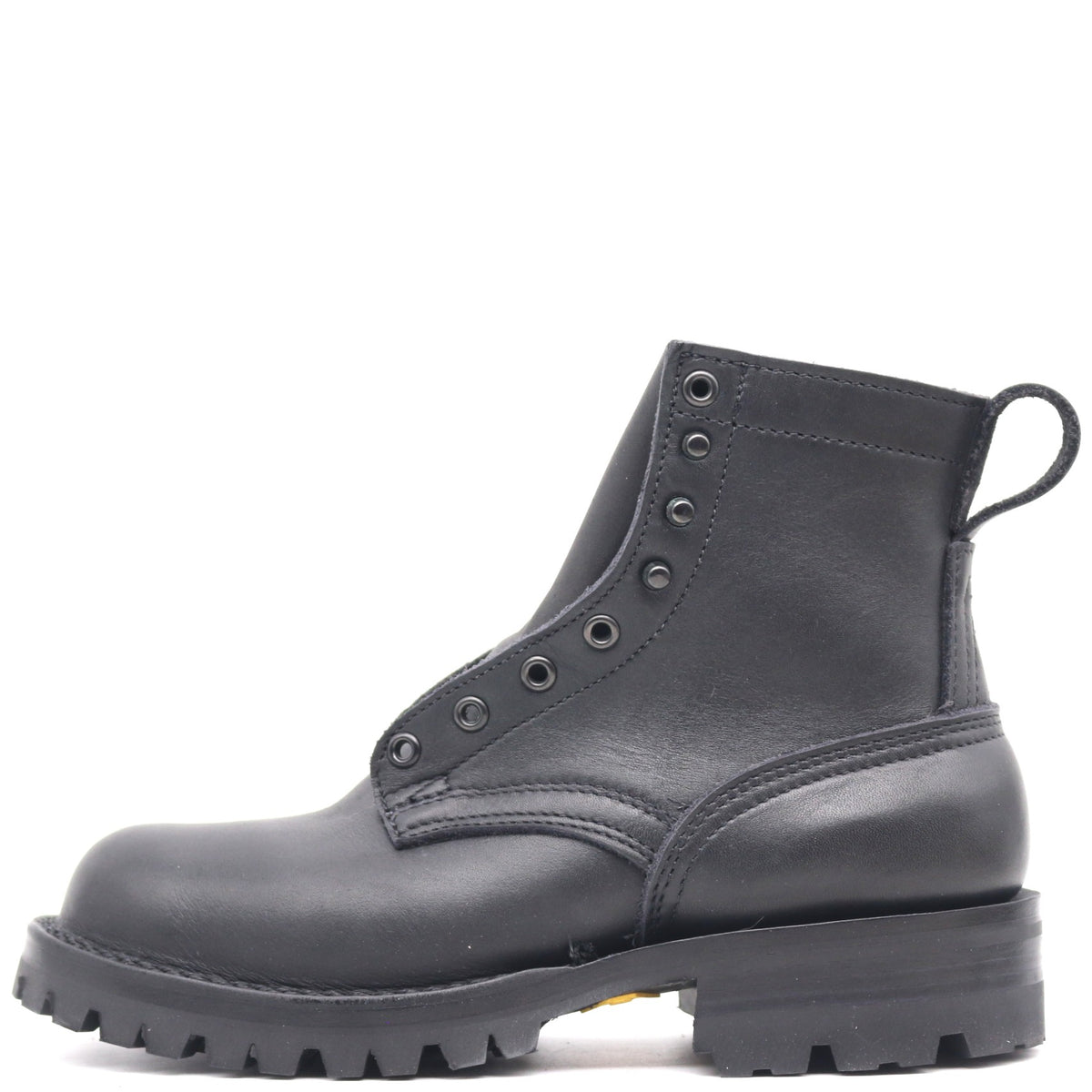 A black leather lace-up ankle boot with a rugged lug sole, shown from a side profile view against a plain white background.