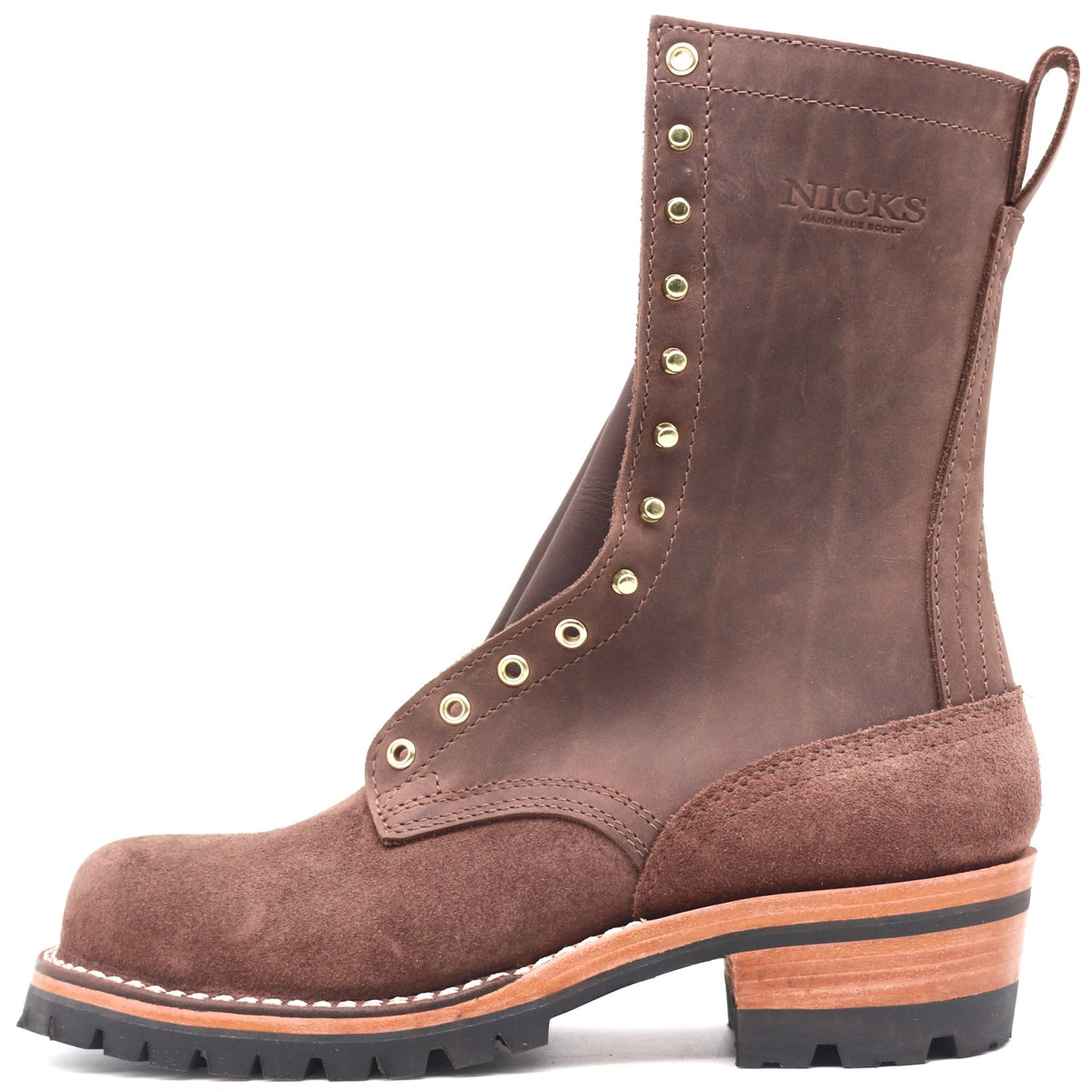 Tall brown lineman boot with lug outsole and brass hardware against a white background.