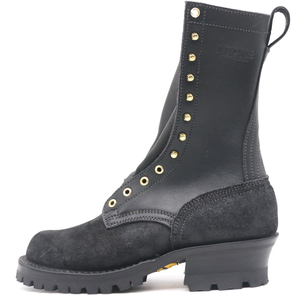 Tall black leather boot with brass hardware and fireproof outsole in front of a white background.