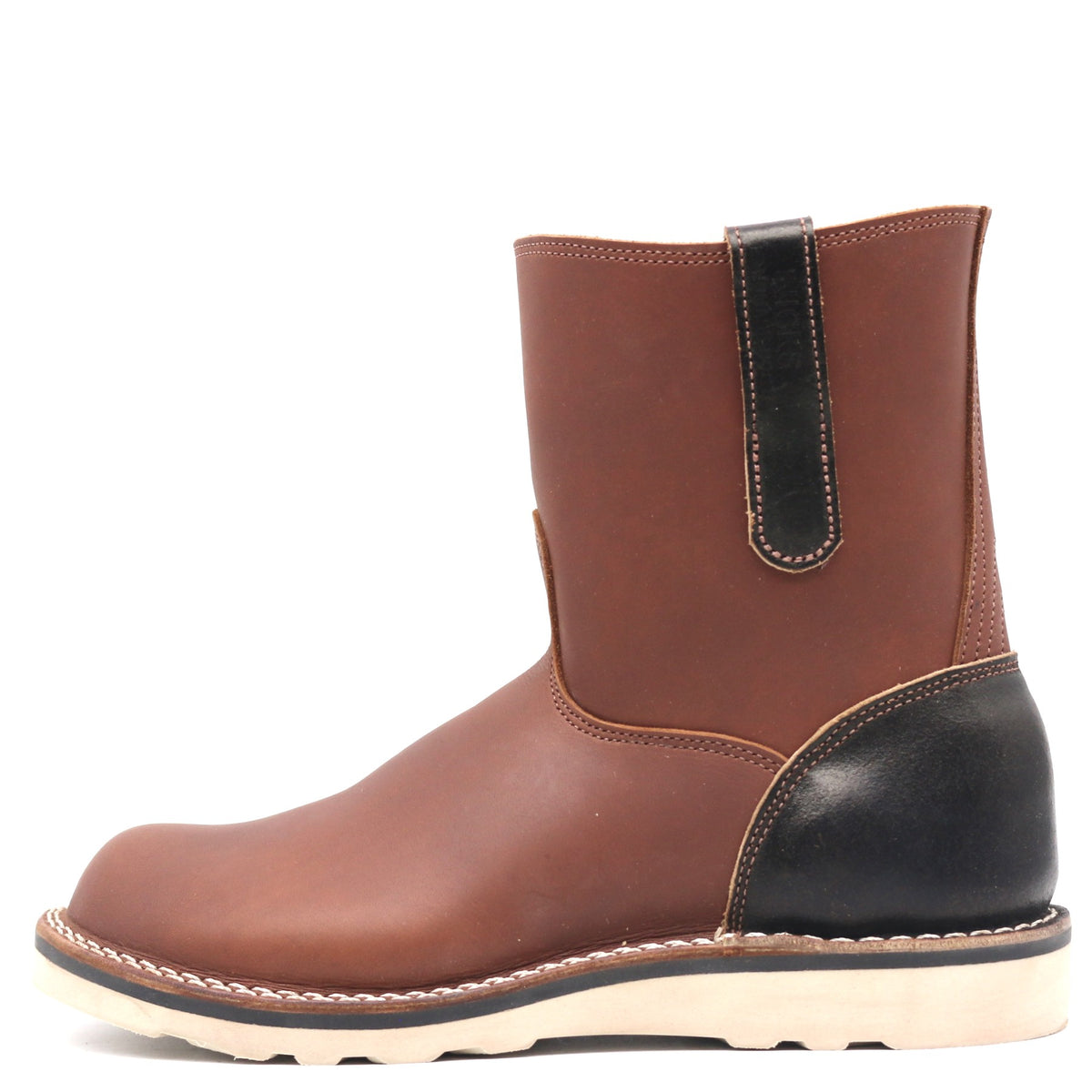 Light brown pull-on leather boot with dark brown waxed side pull loops and dark brown waxed heel counter.