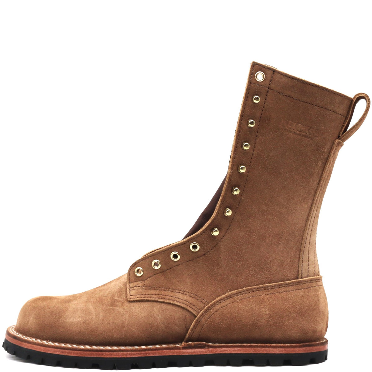 A brown suede mid-calf work boot with brass eyelets, a pull tab, and a black lug sole, shown from a side profile on a white background.