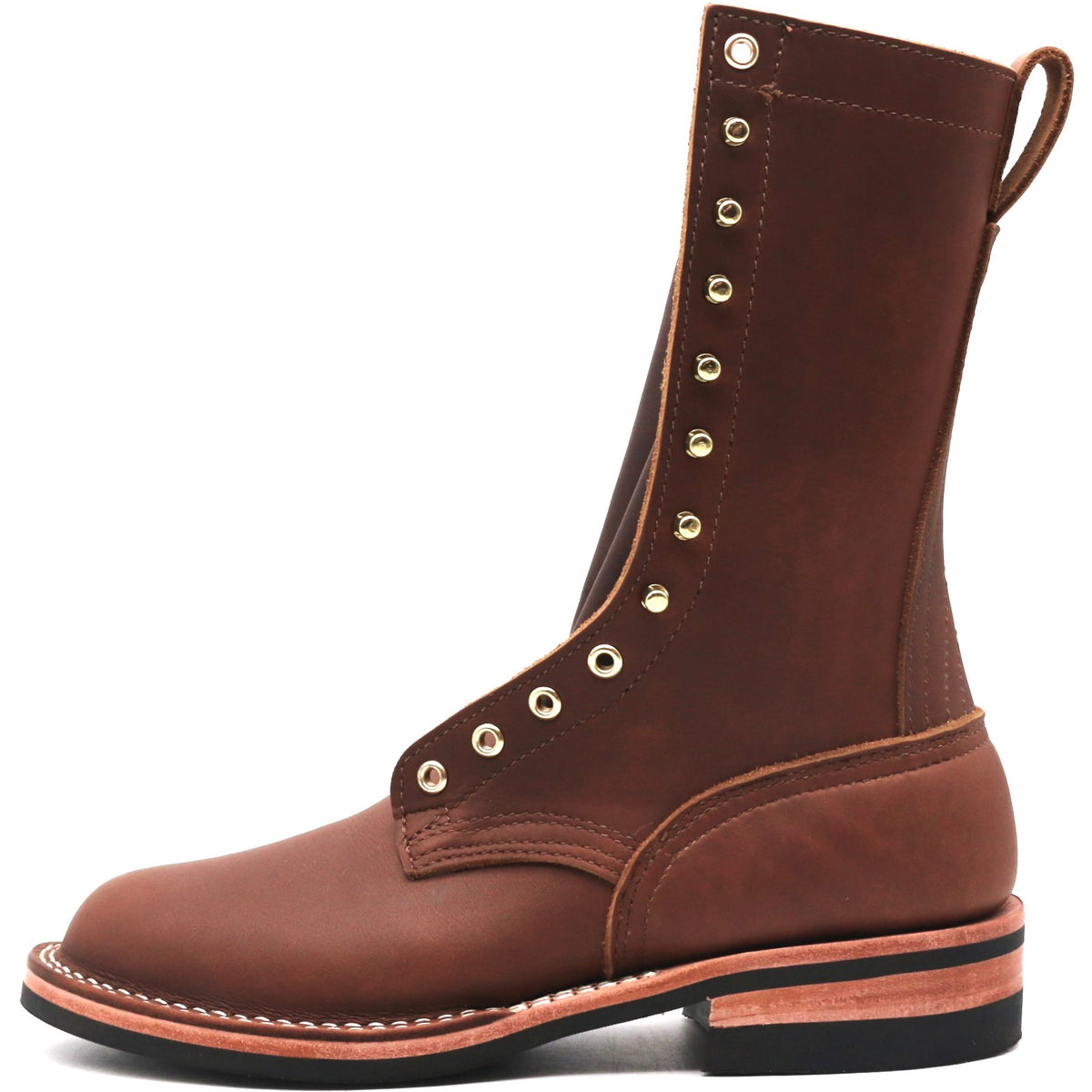A brown leather lace-up boot with gold-tone metal eyelets and pull tabs, shown from a side profile on a white background.