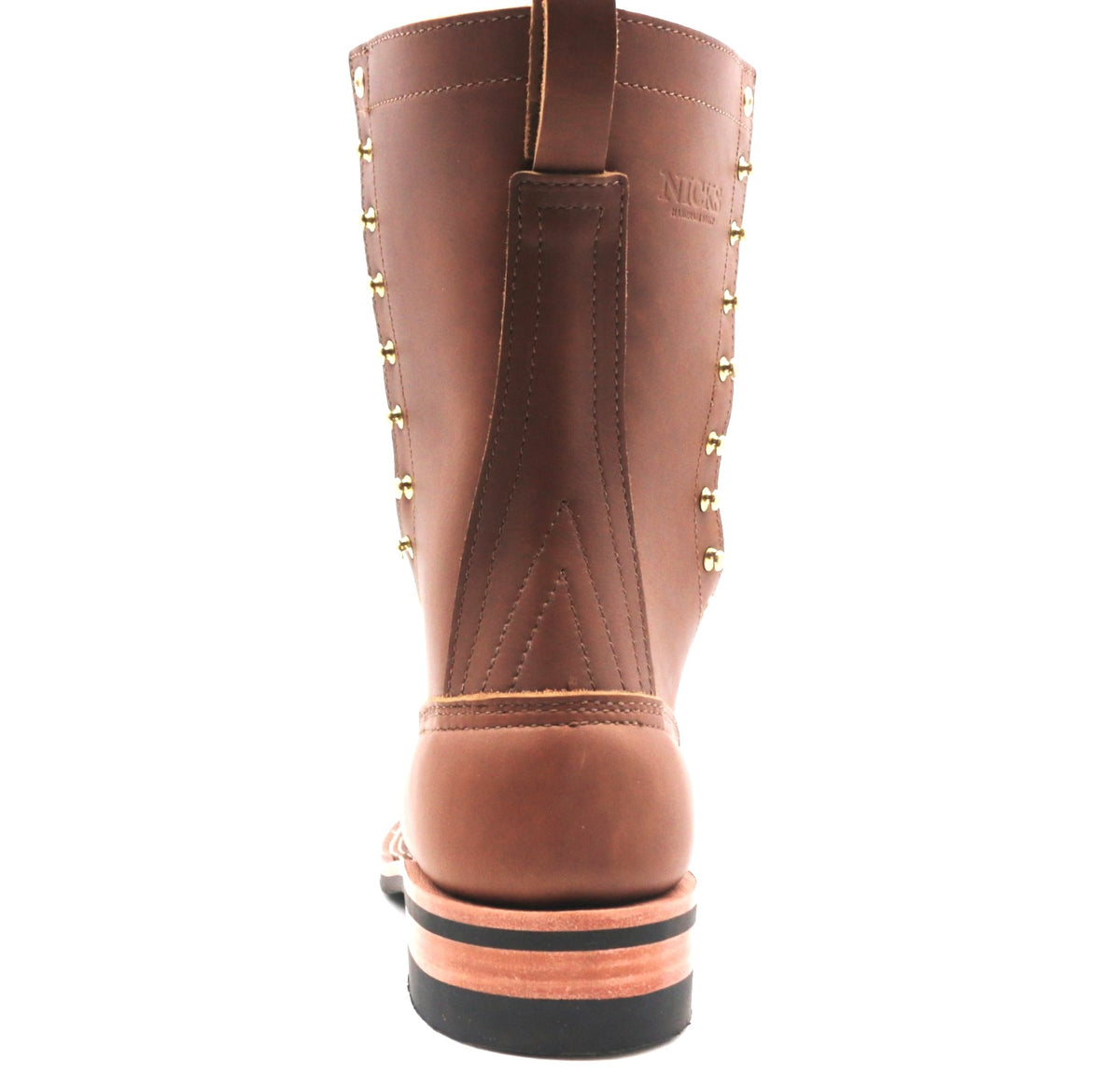 A brown leather work boot shown from the back, featuring gold-colored metal eyelets, a pull tab, and a stacked sole with a black outsole.