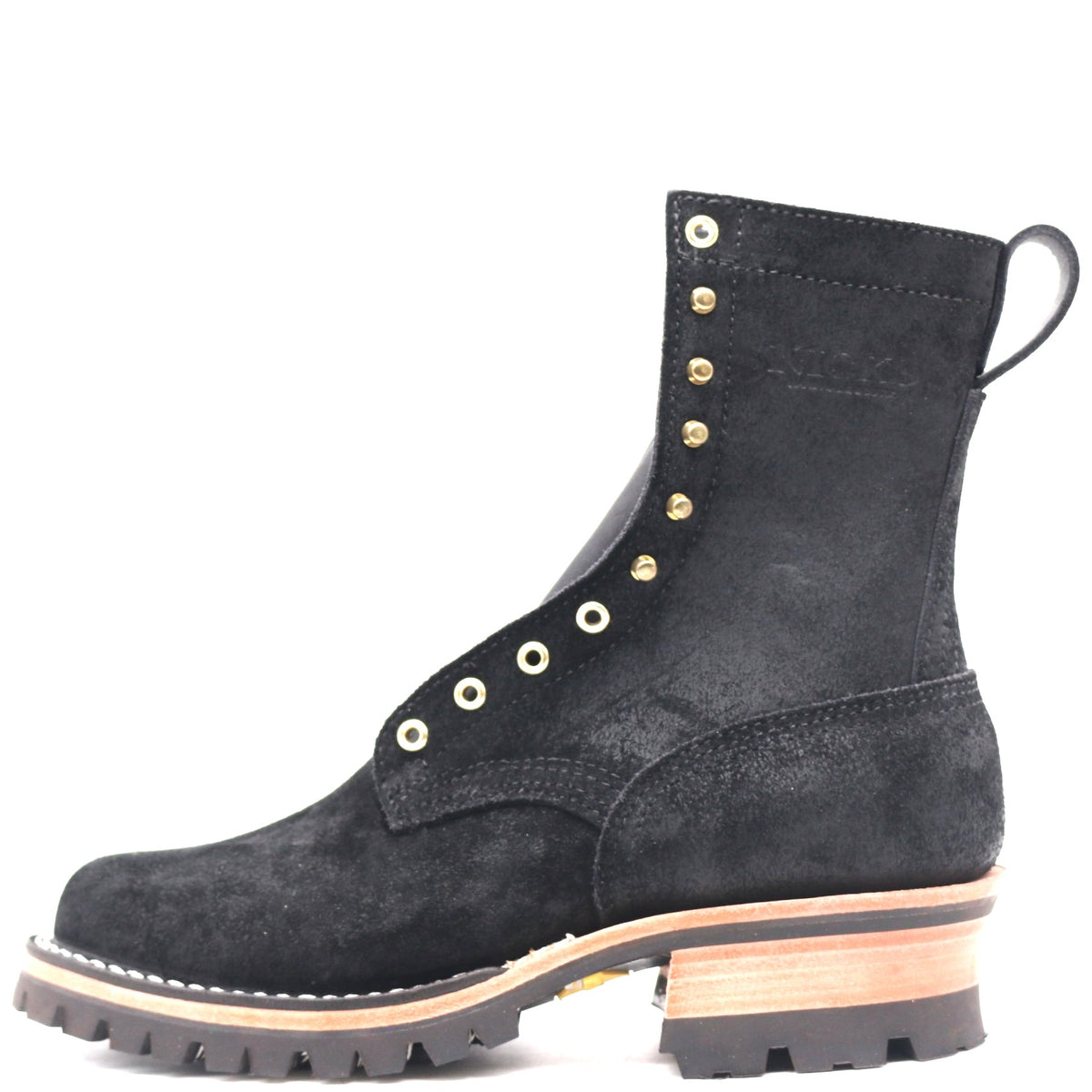 A black suede lace-up ankle boot with gold-tone metal eyelets, a pull tab, and a stacked lug sole with a light wood-toned midsole layer, shown against a plain white background.