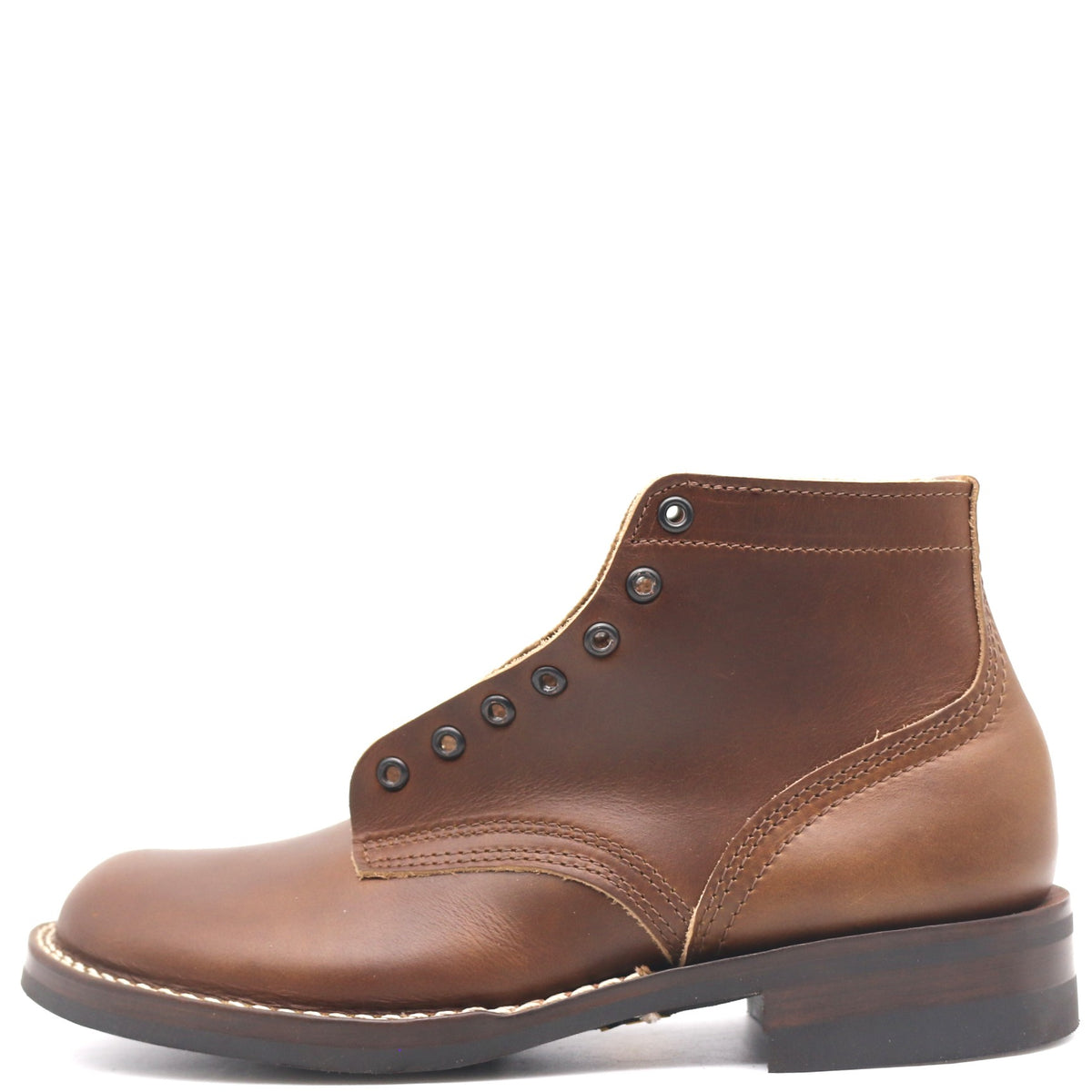 A brown leather lace-up ankle boot with metal eyelets, contrast stitching, and a dark sole, shown from a side profile on a white background.