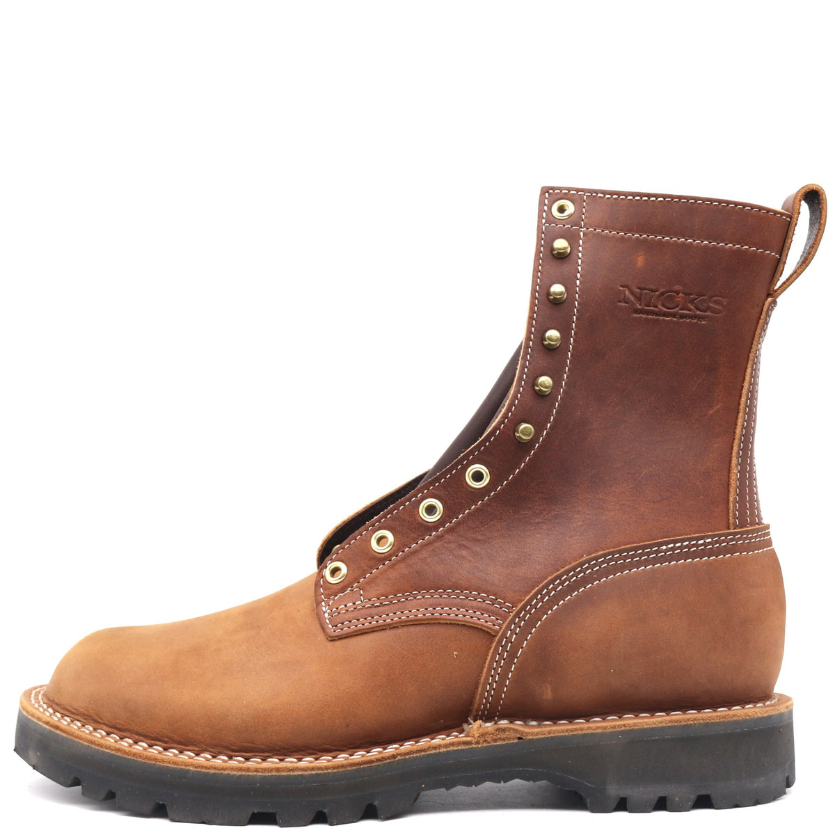 A single brown leather work boot with a tan suede-like toe, brass eyelets, and a black lug sole, shown from a side profile on a white background.