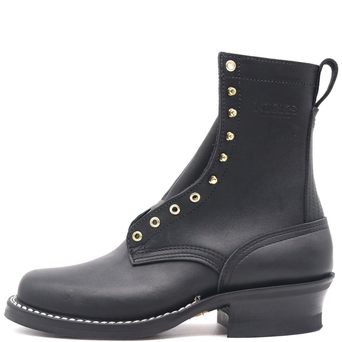 A black leather lace-up ankle boot with gold-tone metal eyelets and a low block heel, shown from a side profile on a white background.